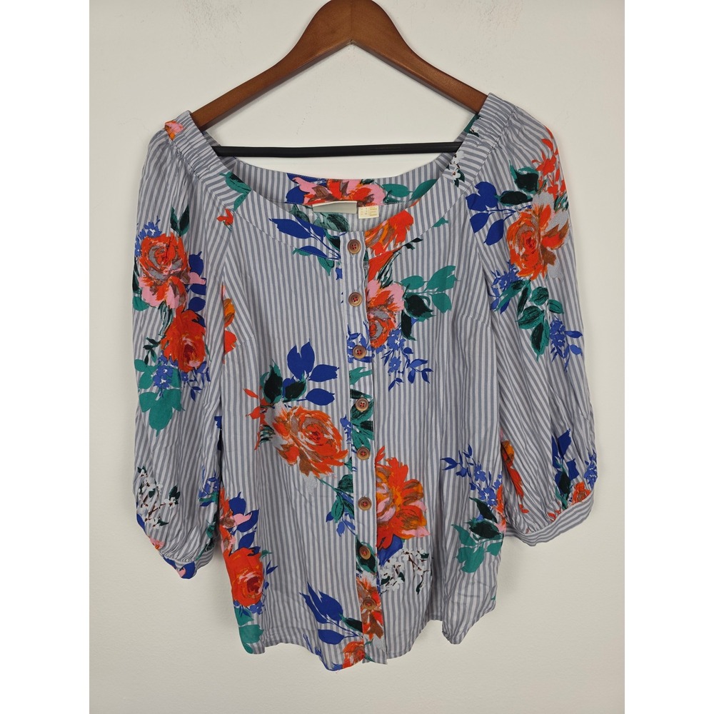 Maeve Anthropologie Floral Striped Blouse Button Down 3/4 Sleeve Tie Waist